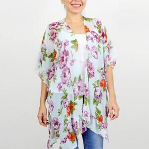 Floral Print Kimono with Ruffled Sleeves – Light Blue